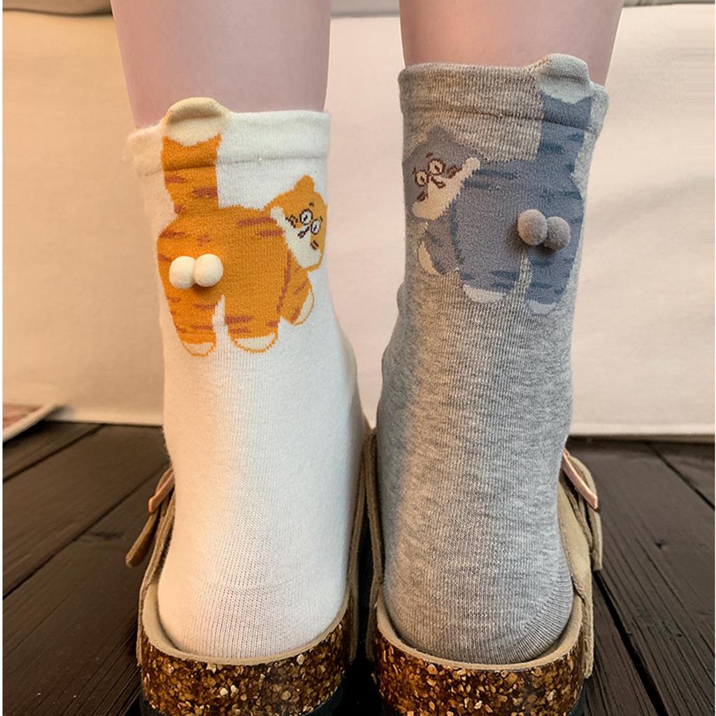Japanese Style Cute Cartoon Cat Socks - Women's Mid-Calf Pure Cotton Funny Summer Outerwear