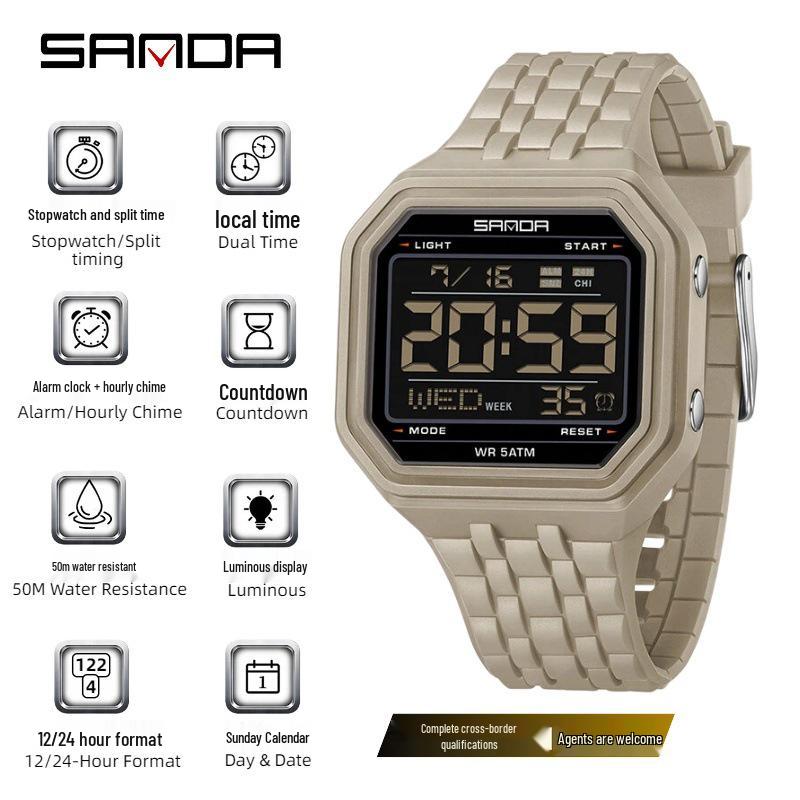 Sanda Creative Square Multifunctional Dual Display Student Watch - Countdown, Alarm, Waterproof, Trendy Electronic Timepiece.