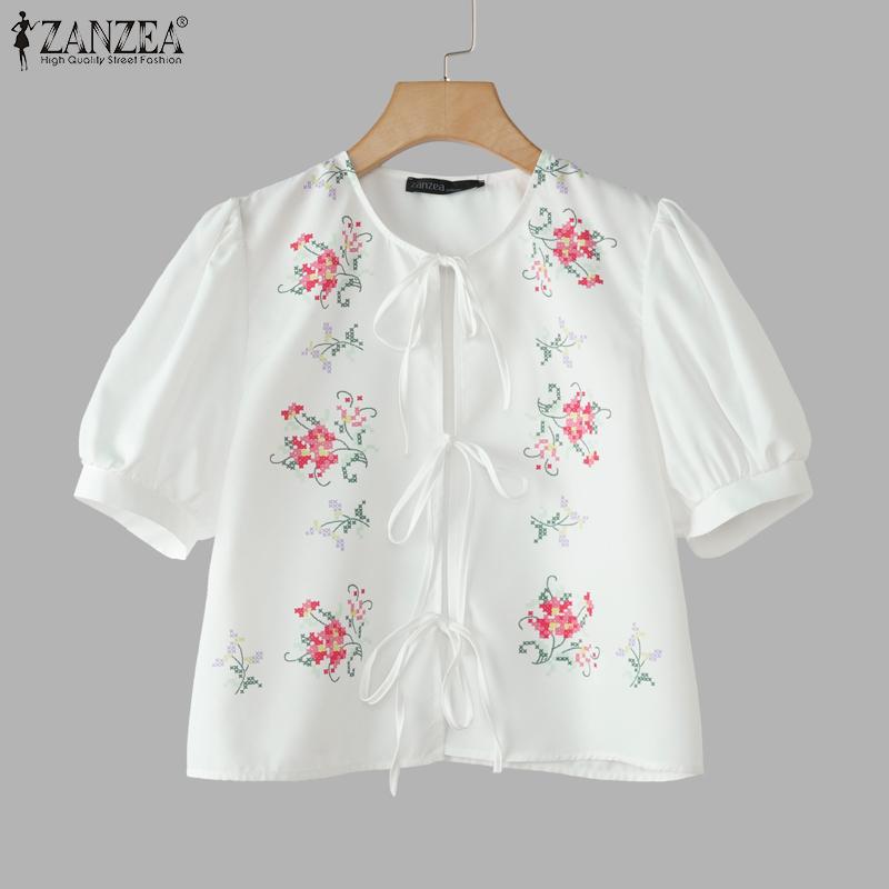 

ZANZEA Women Casual Short Sleeve Floral Print Lace Up Cover Up Blouse S білий