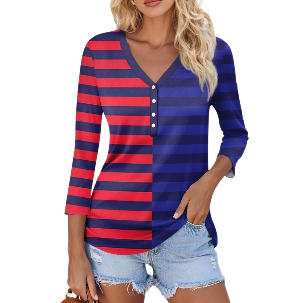Damen Casual Mode Sexy Bequem V-Ausschnitt Knopf Streifen Patchwork Farbe Dreiviertelarm Oberteil