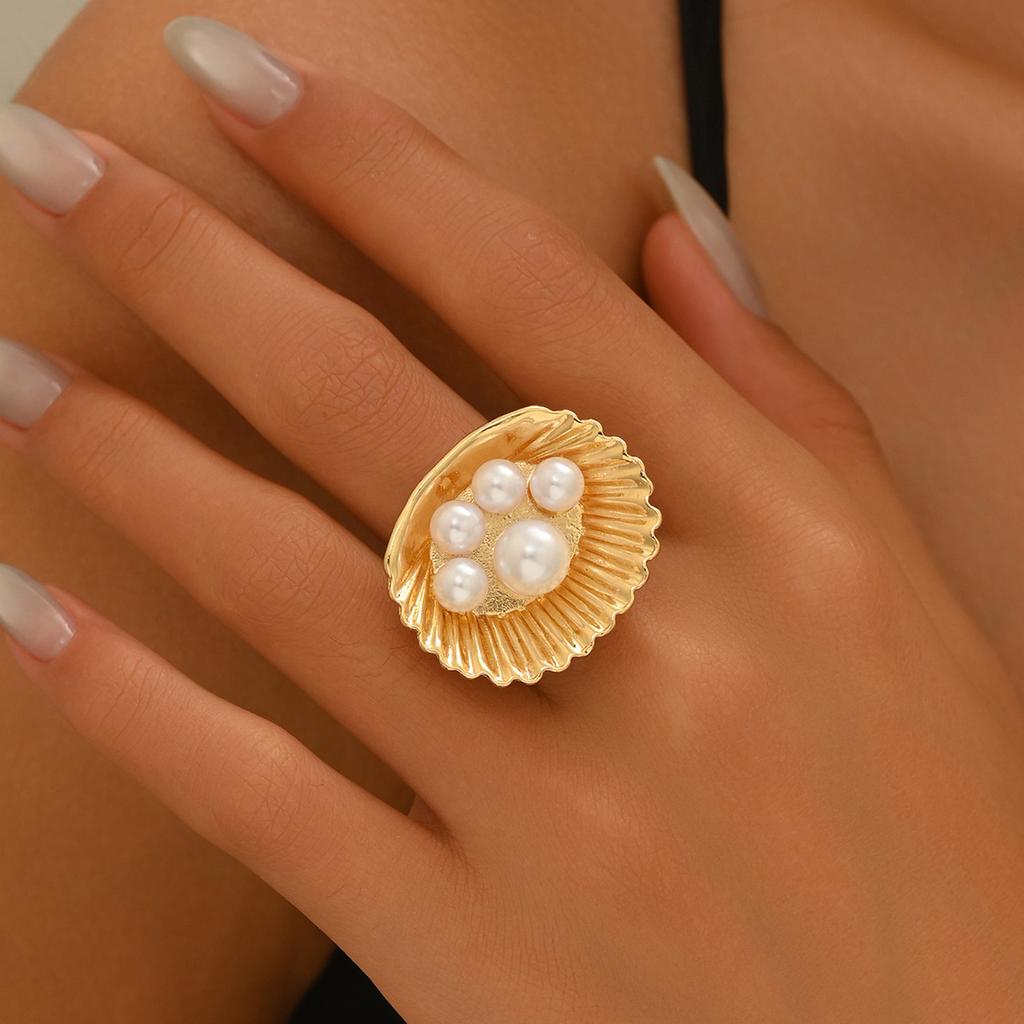 2025 new style women's jewelry geometric inlaid pearl design pleated ring niche open index finger ring