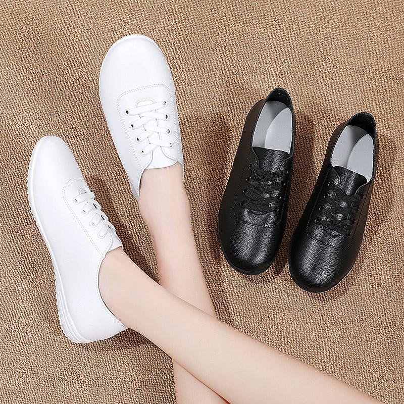 Female Ladies Women's Genuine Leather Flats Shoes Loafers Soft Moccasins Lace Up Comfortable White Shoes Luxury Flat Shoes Plus