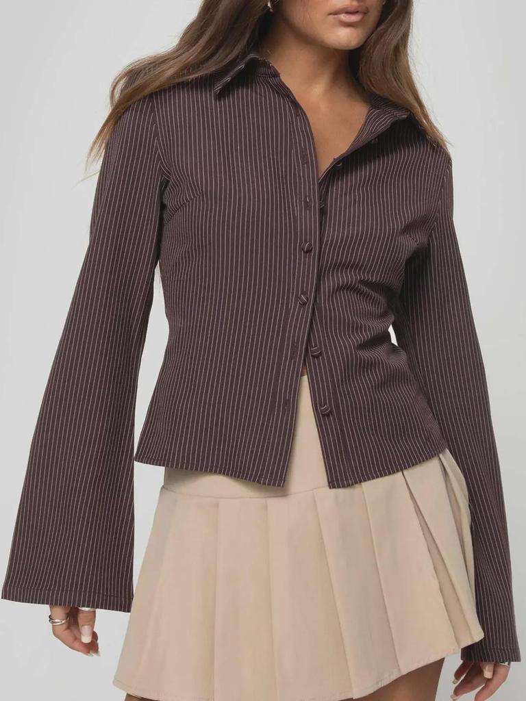 2024 European & American Spring/Autumn Striped Slim-Fit Button-Down Cardigan with Lapel