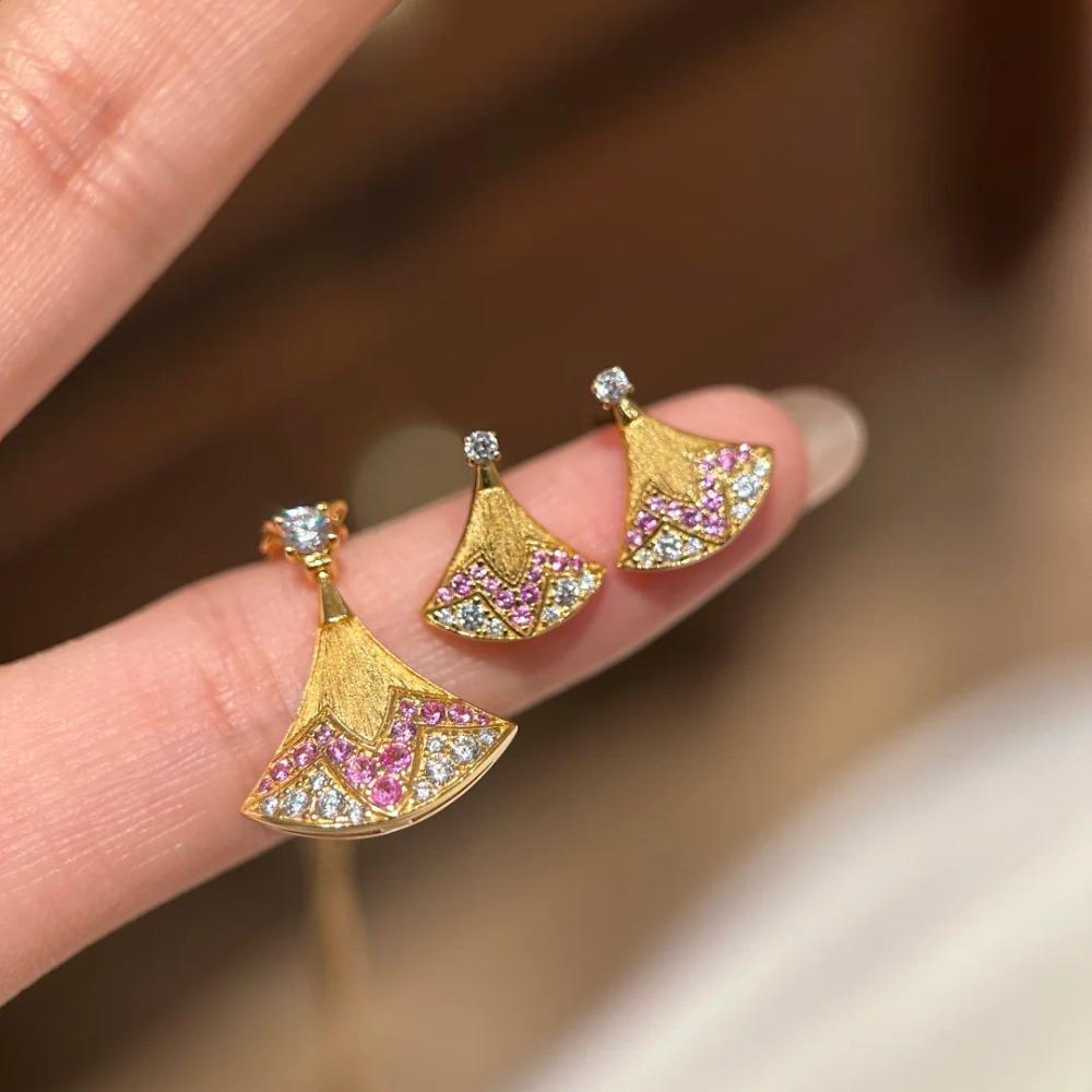 Women Jewelry Set French Retro Pink Corundum Necklace with Gold Plated Fan Earrings Fashion Luxury Gift