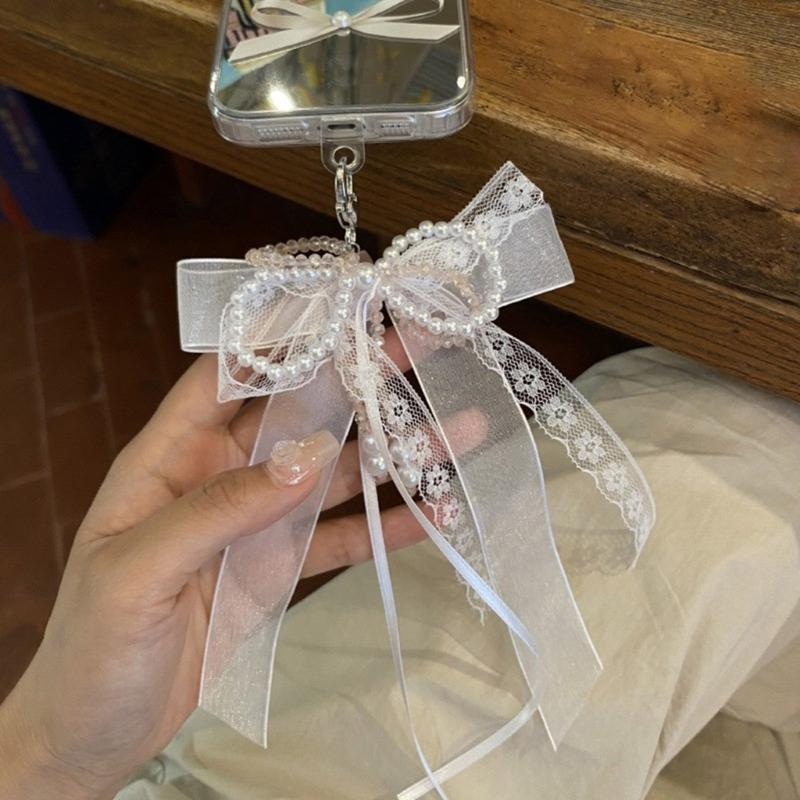 Eleganter Schlüsselanhänger mit Perlen, Handyanhänger, einzigartiger Schlüsselanhänger, Schleife, Taschenanhänger, Accessoire für Geldbörse und Rucksack