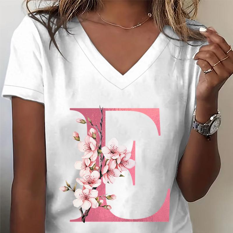 Pink Sakura Alphabet Graphic T Shirts Unisex Az 26 Alphabet Pink Flower Cartoon Tshirts Cherry Blossom Letters C Casual Tops