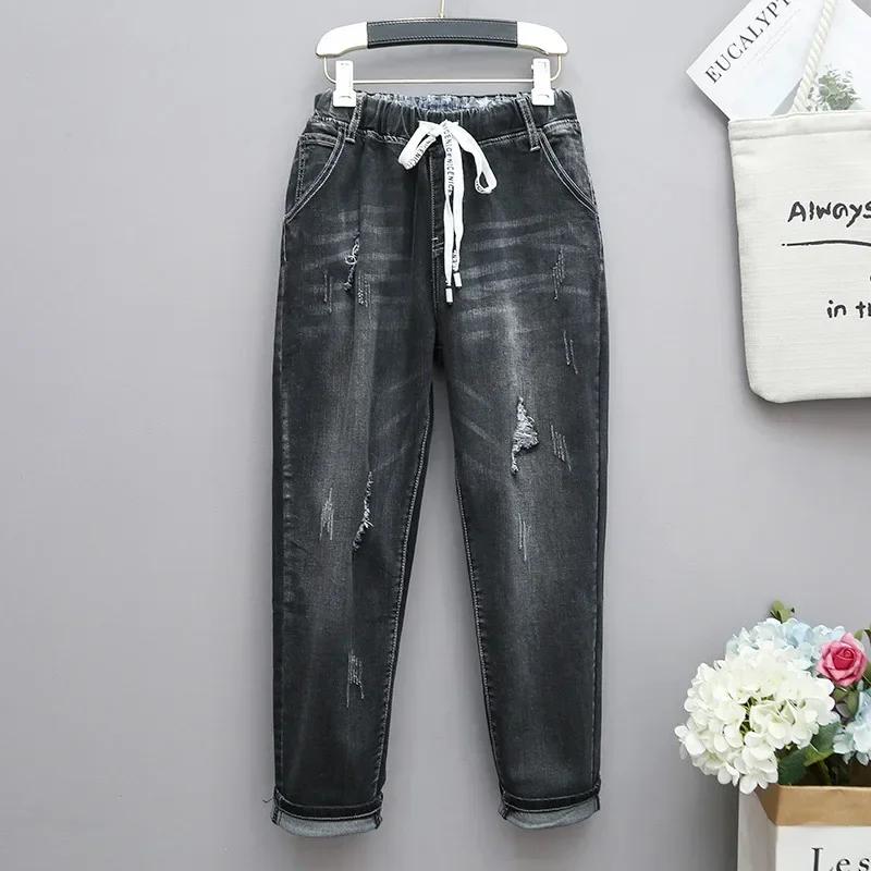 

Большие размеры мешковатые джинсы женские с высокой талией свободные шаровары эластичные хлопковые джинсовые брюки женские джинсы рваные джинсы Mom M чёрный