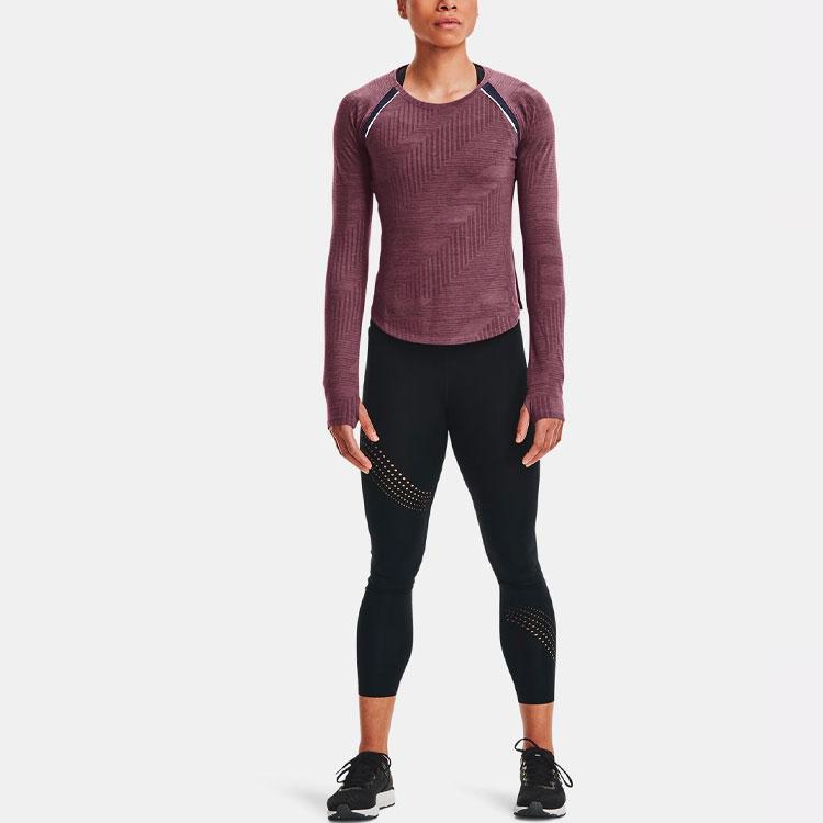 Under Armour Casual Sports Running Crew Neck Long Sleeve T-Shirt Women Tops Gray Purple 1367533-554