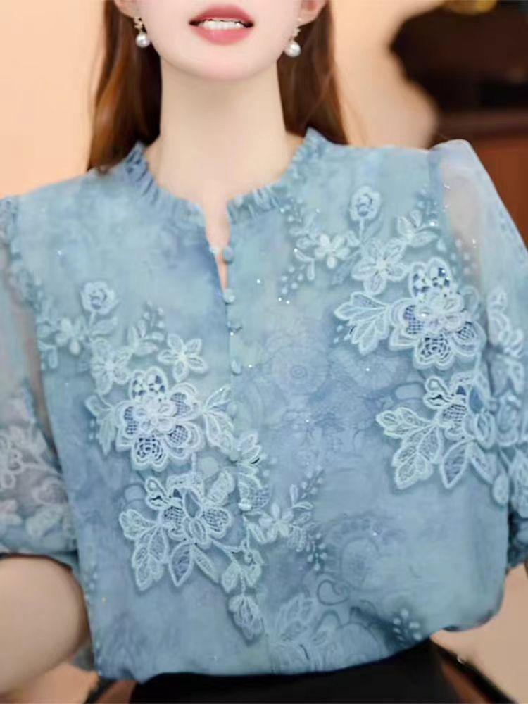 2026 Spring/Summer Women's Long Sleeve Lace Chiffon Shirt - Elegant and Slimming Design