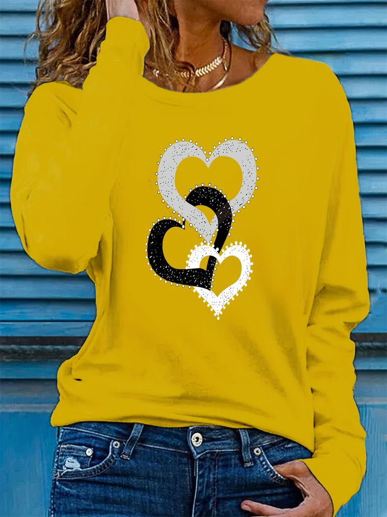 100% pure Polyester women's spring and autumn loose comfortable casual heart-shaped graphic printed long sleeved round neck T-shirt