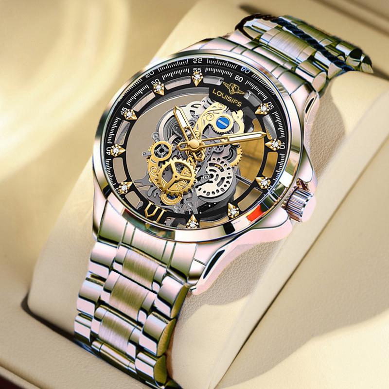 

2023 Двусторонние автоматические часы-скелетоны для мужчин в деловом стиле — водонепроницаемые, светящиеся