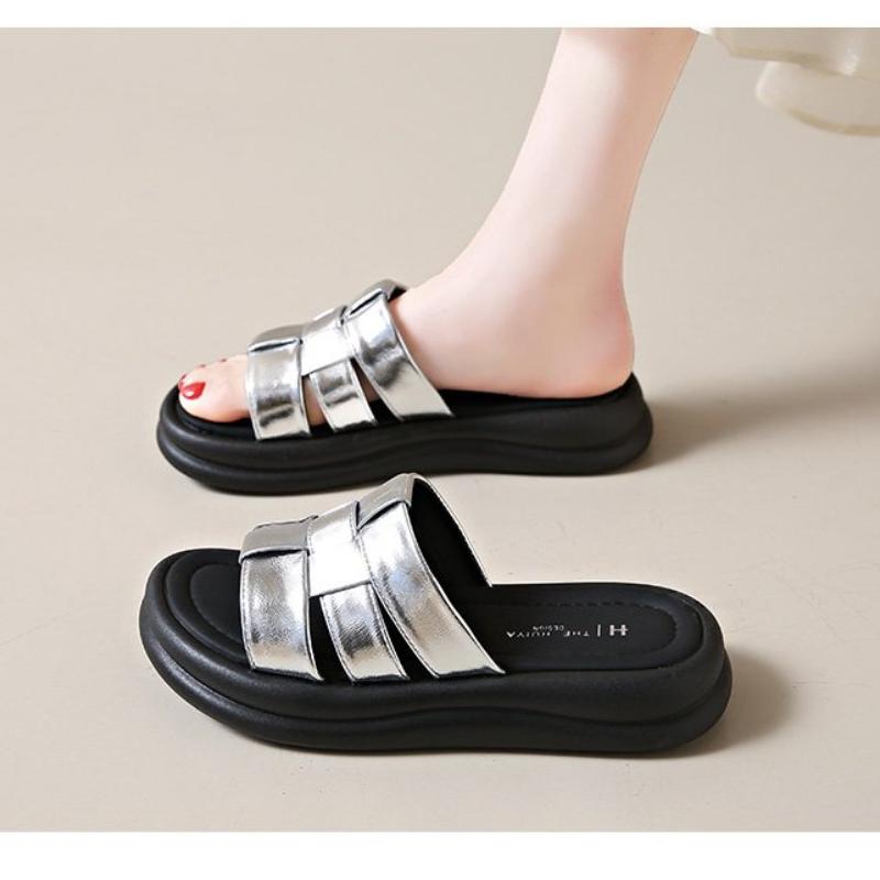 Fashion Slippers Women Summer Flat Shoes Female Slides Pantofle Fashion Platform Low 2025 Luxury Rome Scandals PU Fabric Rubber Hoof