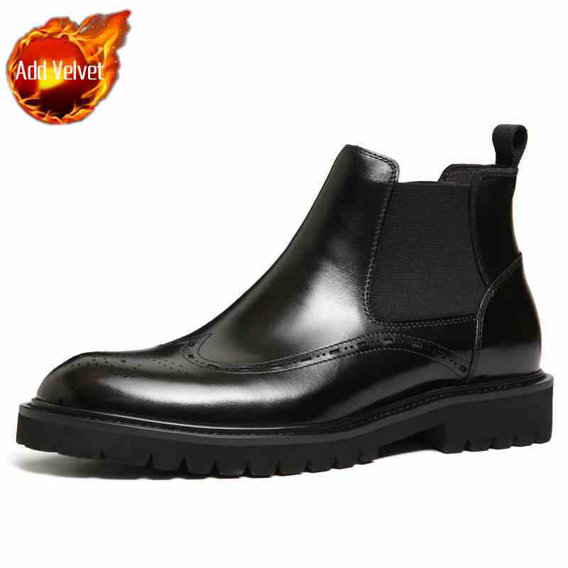 British Style Men's Brogue Detailing Chelsea Boots High Top Business Casual Leather Black Work Boots