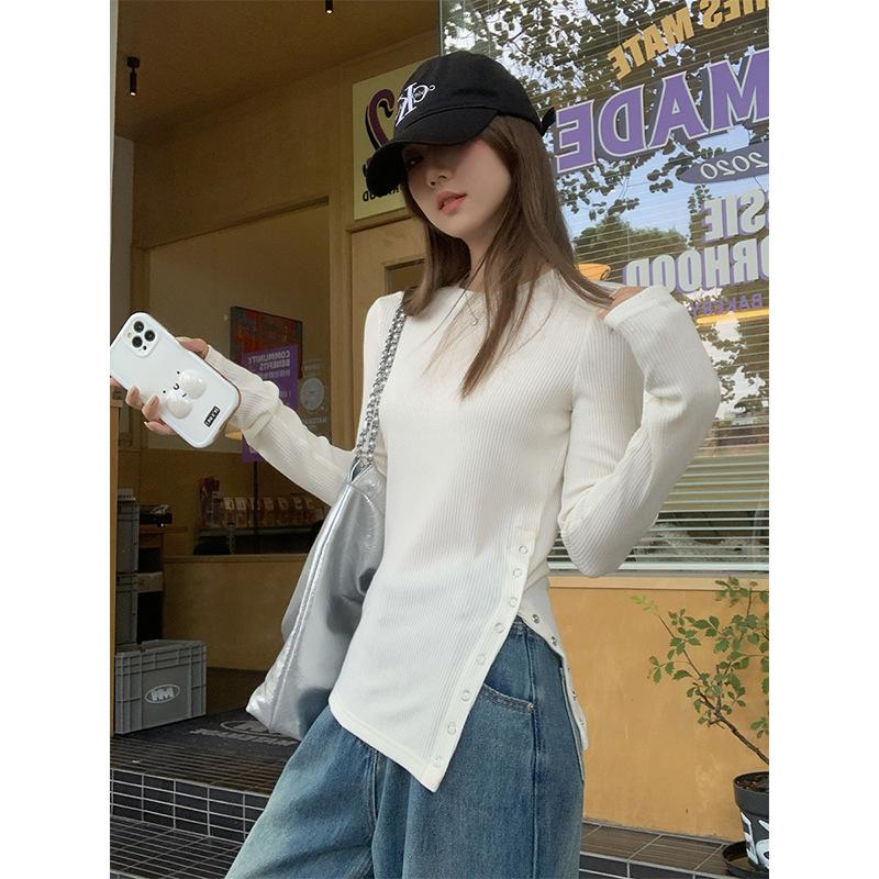 Korean Gray Round Neck Long-sleeved T-shirt for Women In Autumn and Winter New Button Slit Design Bottoming Shirt with Top