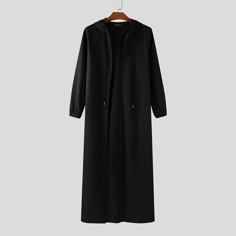 INCERUN Men Collarless Long Sleeve Open Front Long Hooded Cardigan Coats Windbreaker