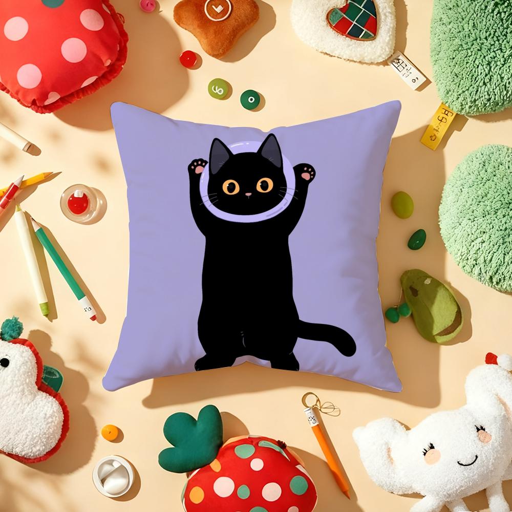 Little Black Cat Cushion Cover Soft Short Plush DoubleSided Printing Home Decor Machine Washable Pillow Case Gift