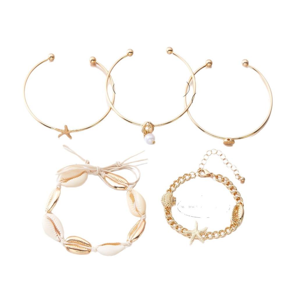 Open Bangle Shell Bracelet Set Gold Color Bohemian Bracelet Set  Women Jewelry