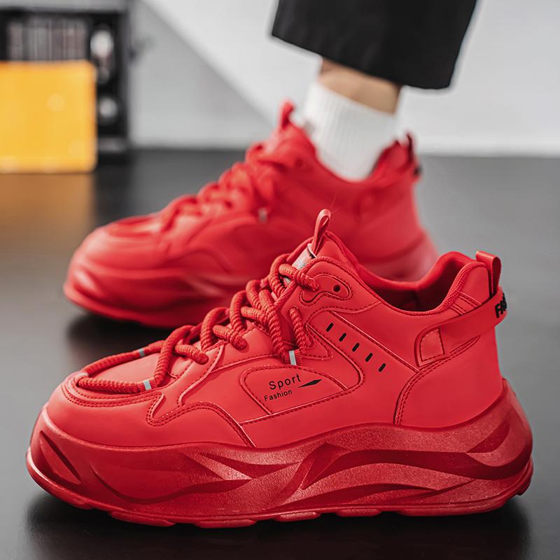 Casual Sneakers For Men Shoes Thick Bottomed Trendy Footwear Young High Top Leather Red Trend Casual Shoes Outdoor