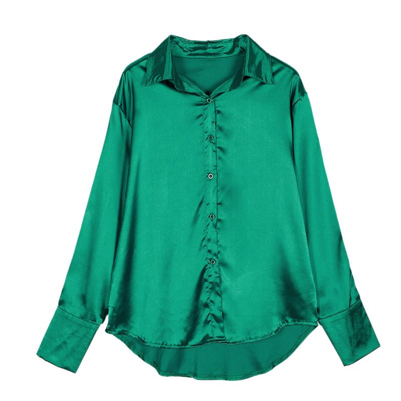 Damen 2023 Elegant Satin Einfarbig Langarm Blusen Damen Chic Vintage Blau Grün Lässig Locker Sitzend Knöpfe Hemden Oberteile