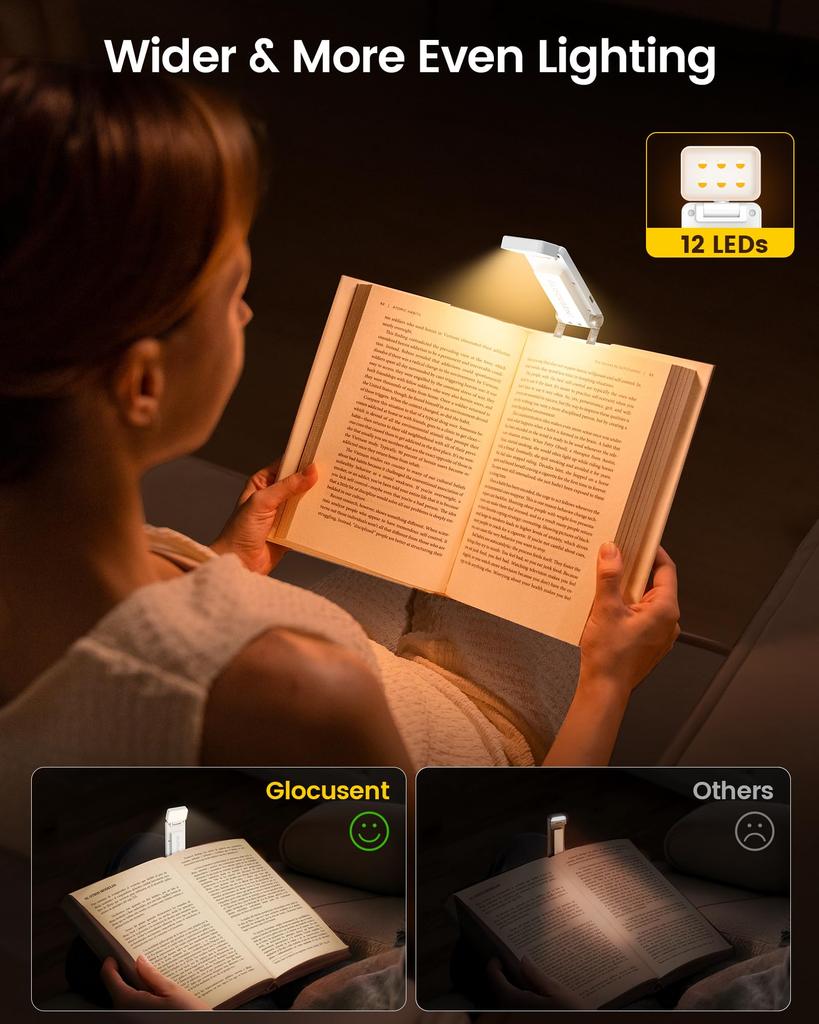 Glocusent Reading Light [2025 Edition] 12 LEDs, Rechargeable Book Light for Bed, Clip-on Light, 5 Color Temperatures and 5 Dimming Levels, 100 Hours