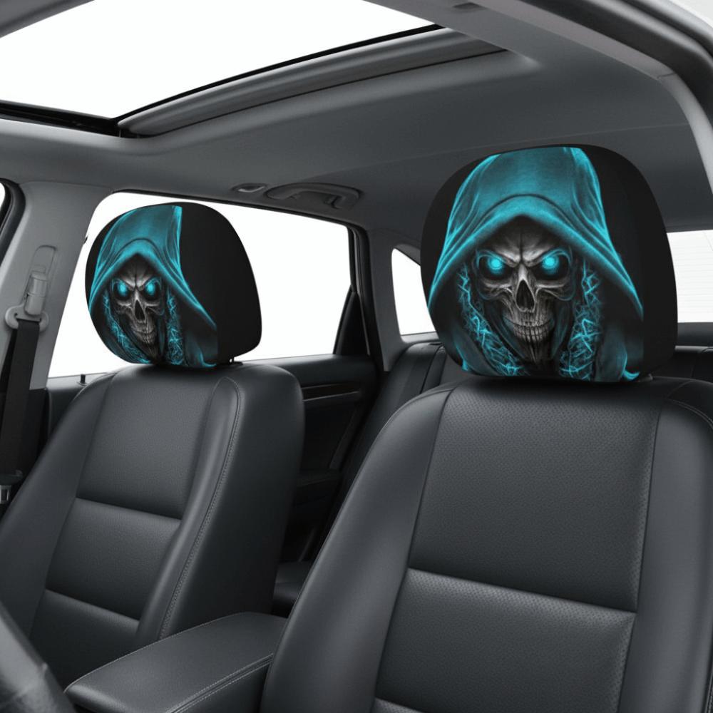1pair Universal Fit Skull Headrest Cover Vivid Flat Print Gothic Seat Protector Daily Commute