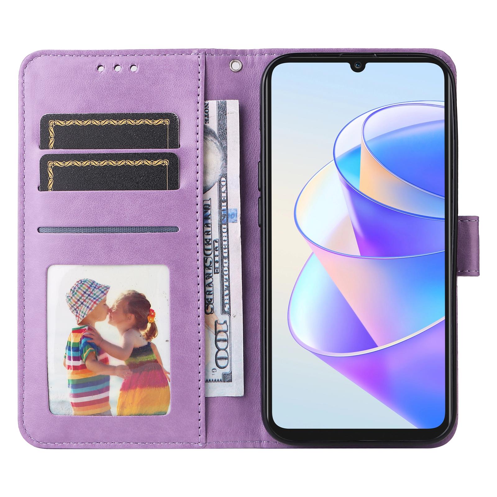 

Phone Stand Case for Honor X7a 5G,PU Leather Sunflower Imprinted Wallet Phone Cover with Hand Strap Purple