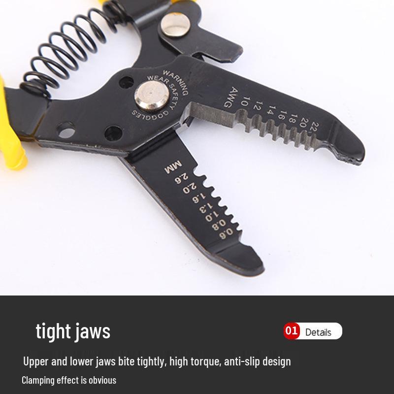 Yellow 6-Inch Multifunctional Wire Stripper with Built-in Spring Safety Lock, 65 Manganese Steel