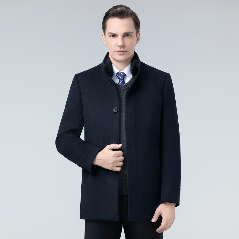 Men's Double-Faced Wool Coat with Detachable Down Lining, Wool Blend, Stand and Fur Collars, for Middle-Aged and Elderly.