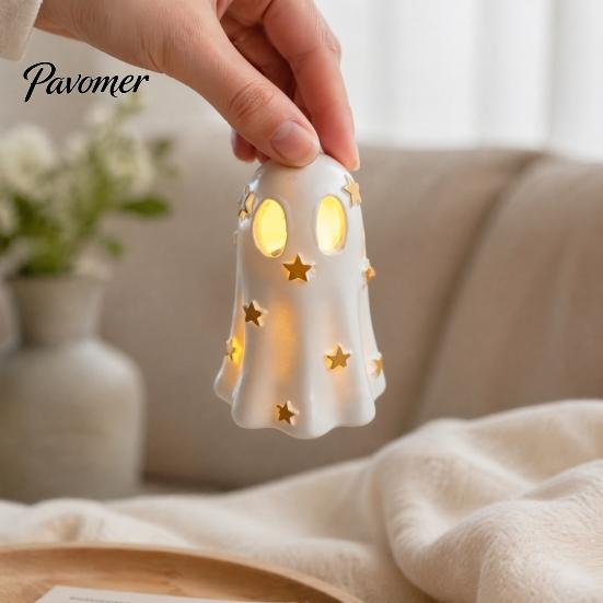 Warm LED Bedside Lamp Halloween Ghost Decoration, Cute Light Up Figurine, Spooky Resin Small Night for Bedroom Statue with Shelf Mantel Indoor