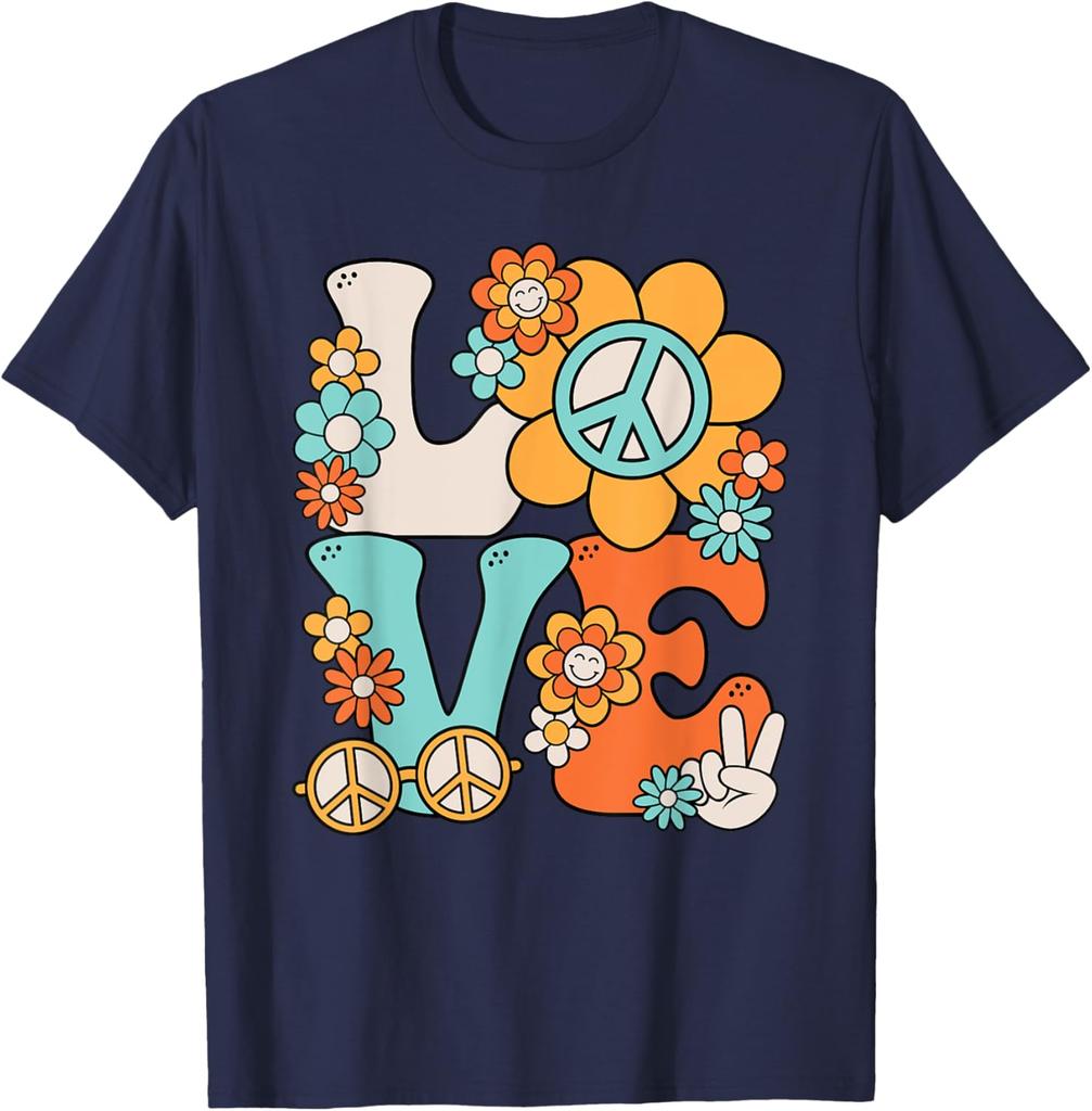 Hippie Peace Love Flower  70s Style  Print Cotton T-Shirt Casual Trip Tee for Women