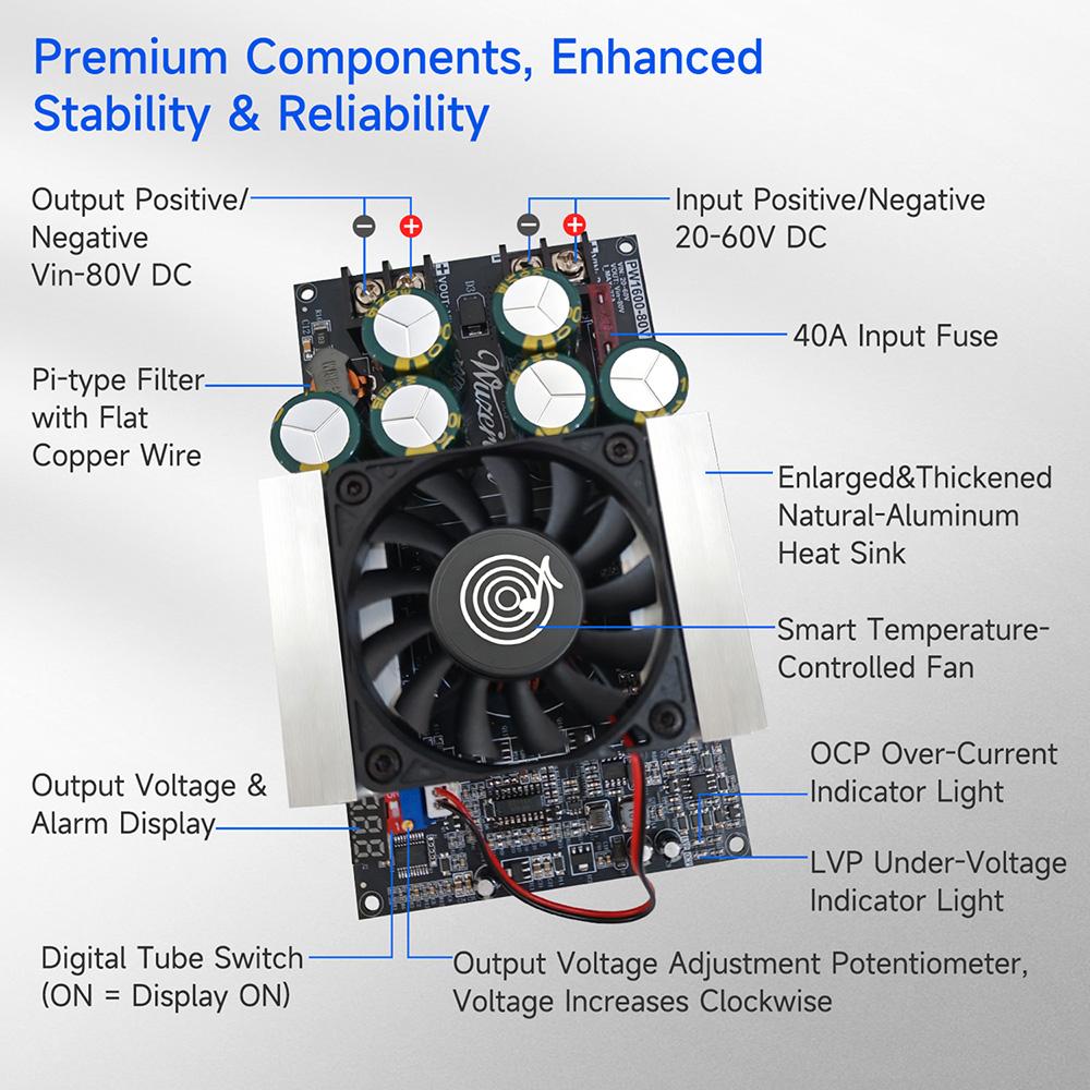 DC-DC Booster Module 1600W High Power Voltage Converter 20-60V to 24-80V with Overload Protection for Audio Amplifiers