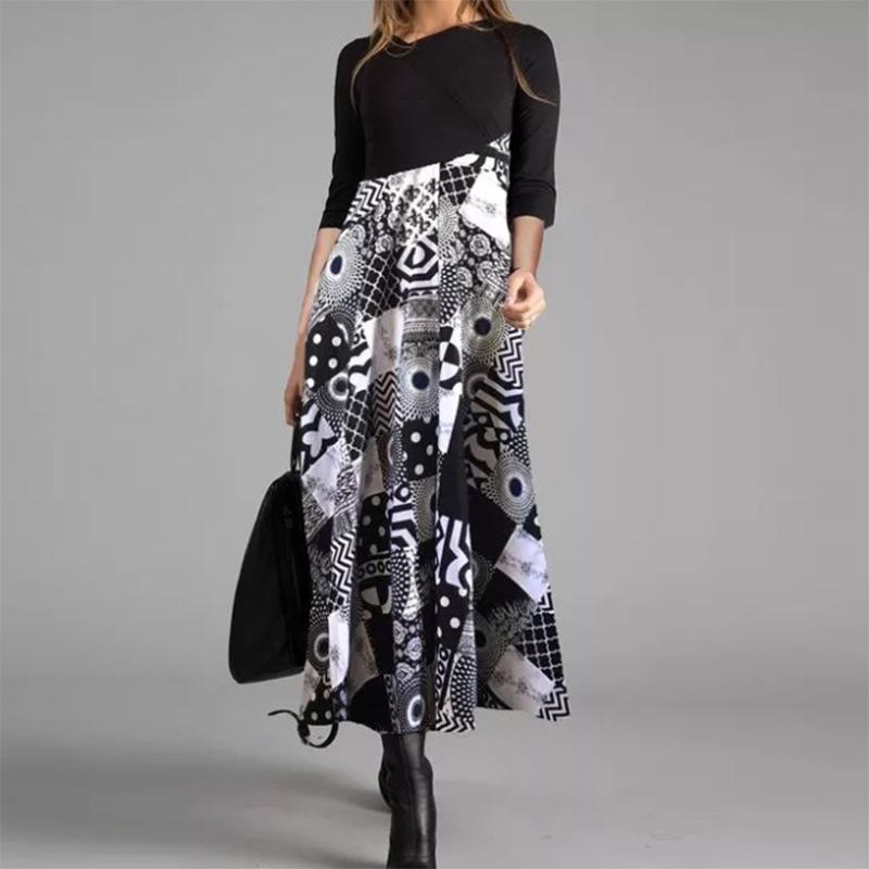 Women Color Block Floral Print Long Sleeve Maxi Dress Casual Loose A Line Long Dress S-XXXL