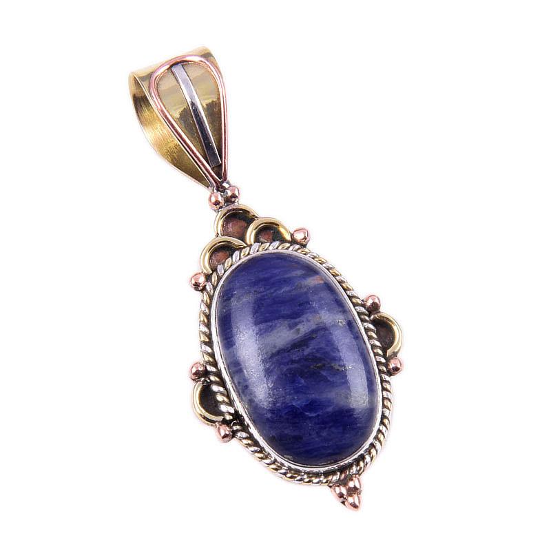 Natural Sodalite Gemstone 925 Solid Sterling Silver Two Tone Pendant 1.50" J8K15