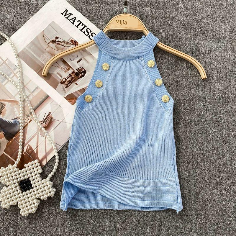 

Fancy White Gold Buckle Silm Short Knitting Halterneck Blue All yards