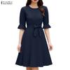 ZANZEA Vestido Casual de Mujer con Cuello Redondo, Color Sólido y Manga Corta