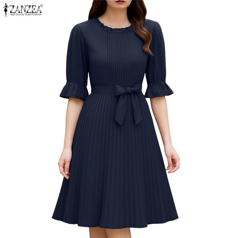 ZANZEA Vestido Casual de Mujer con Cuello Redondo, Color Sólido y Manga Corta