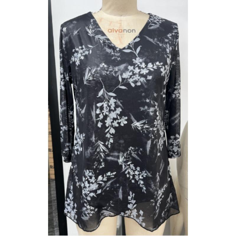 Summer Loose Seven-quarter-sleeved Chiffon Blouse Women V Neck Loose Plus Size Irregular Shirt Fashion Elegant Printed Female Top Mesh Clothing 3276