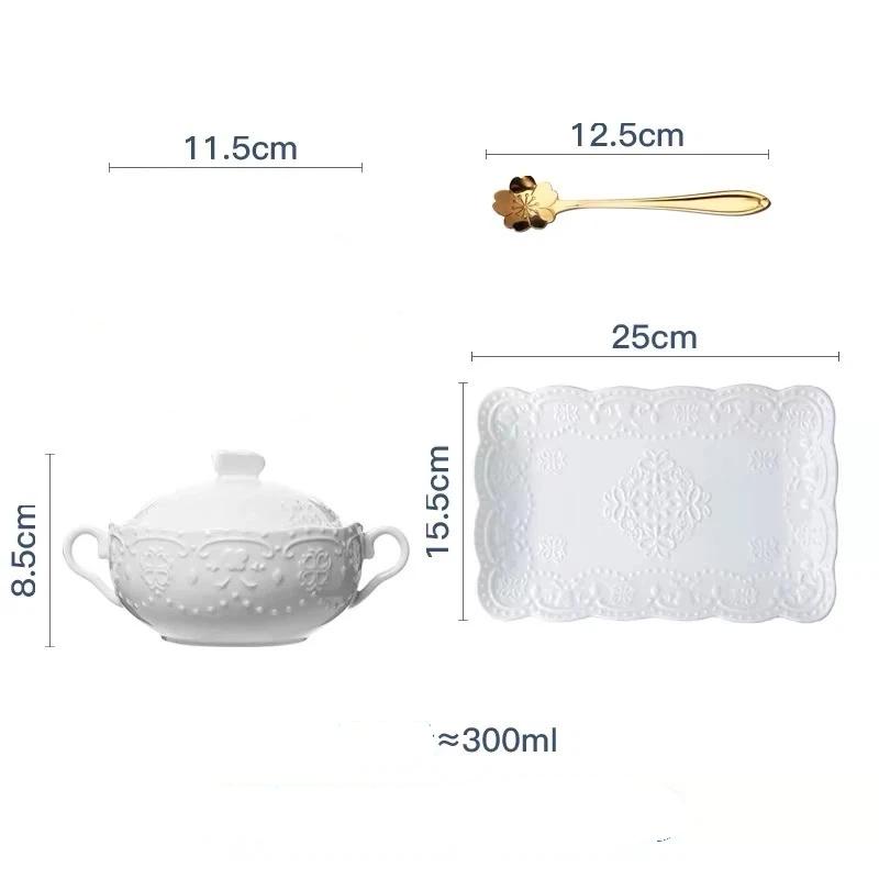 European Embossed Butterfly Ceramic Bowl with Lid & Double Handles, Breakfast, Dessert & Oatmeal Bowl