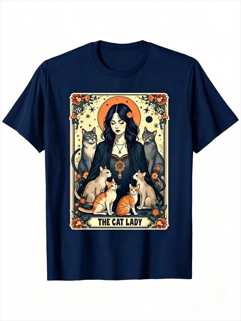The Cat Lady Tarot Card Shirt Unisex Witchy Gothic Cat Mom TShirt Unisex Cotton Casual Round Neck Outdoor Short Sleeve TShirt