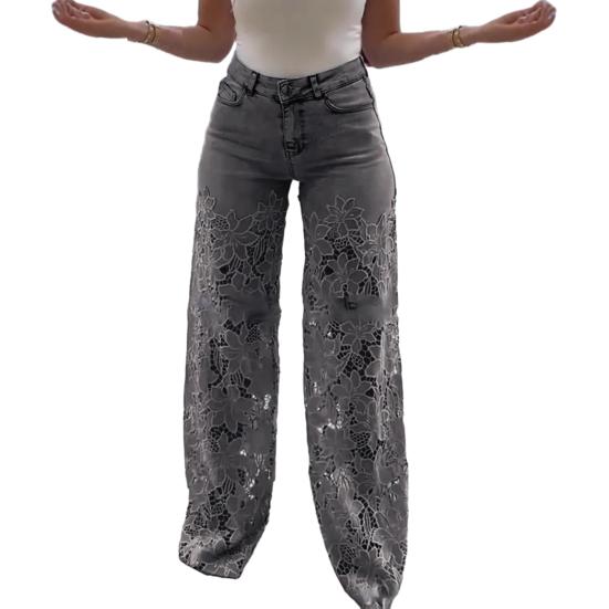 Dames Jeans med blonde-lapper, avslappet baggy rett vidde, denimbukser med middels høy midje, blomstermønster, uthulede jeans