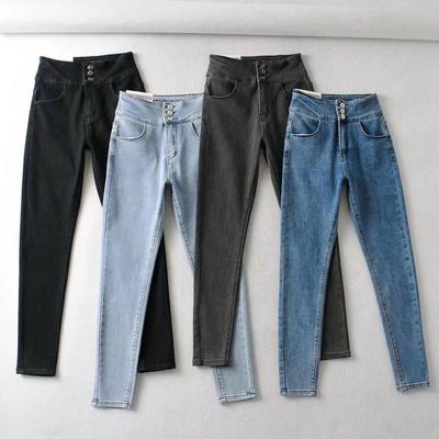 YPFF Calças Jeans Lápis Femininas de Cintura Alta Elásticas com Múltiplos Botões Pêssego para Outono e Inverno