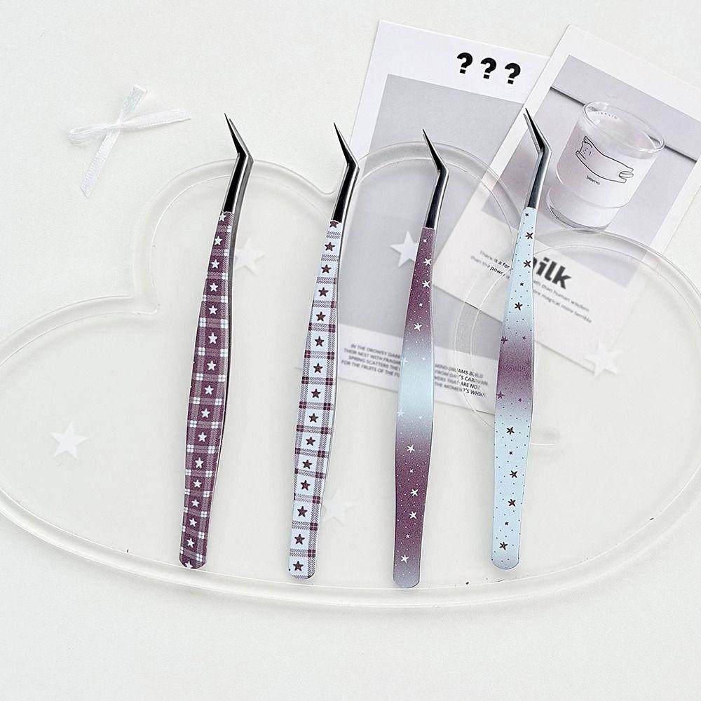 Stainless Steel Curved Stickers Tweezers Anti-static Cartoon False Eyelash Tweezers High Precision Lashes Extension Tweezer