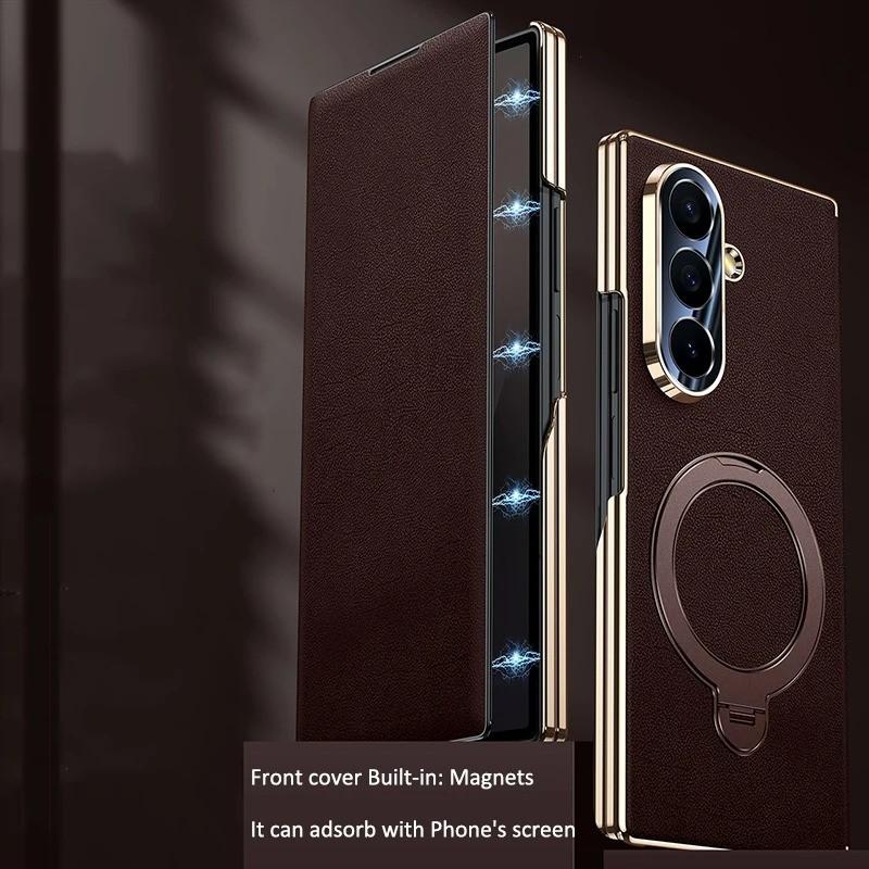 Genuine Leather For Magsafe Magnetic Bracket Case for Samsung Galaxy Z Fold 7 Fold 6 Fold 5 Luxury Central Axis Hinge Stand Case