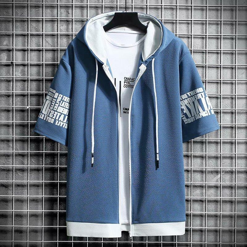 Męskie Bluzy Letnia Odzież Męska T-shirt Bluza z Kapturem na Zamek Kreskówka Casualowy T-shirt z Nadrukiem Top z Kapturem Krótki Rękaw