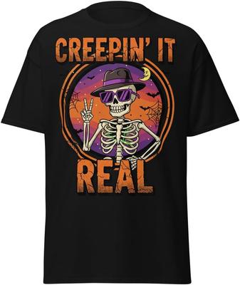 Creepin’ It Real Halloween T-Shirt – Funny Skeleton Sunglasses Tee, Spooky Retro Halloween Shirt
