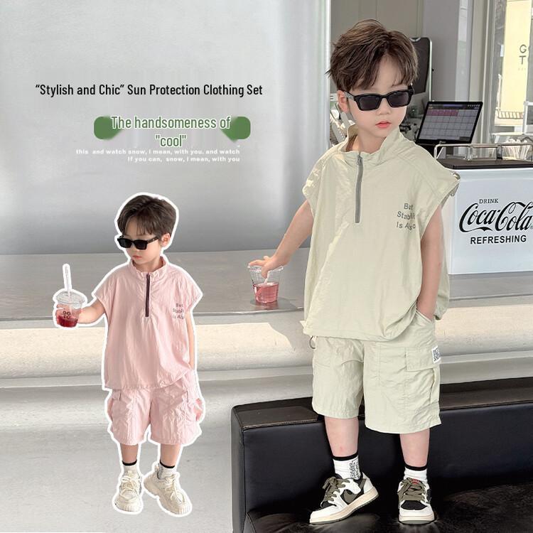 Boys' 2026 Summer Quick-Dry Sleeveless Zipper Two-Piece Set with Letter Print Shorts
