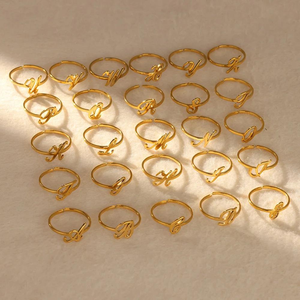 Stainless Steel Initial Letter Pendant Rings For Women Gold Color Trend A-Z Letter Finger Ring Aesthetic Wedding Jewelry Bijoux