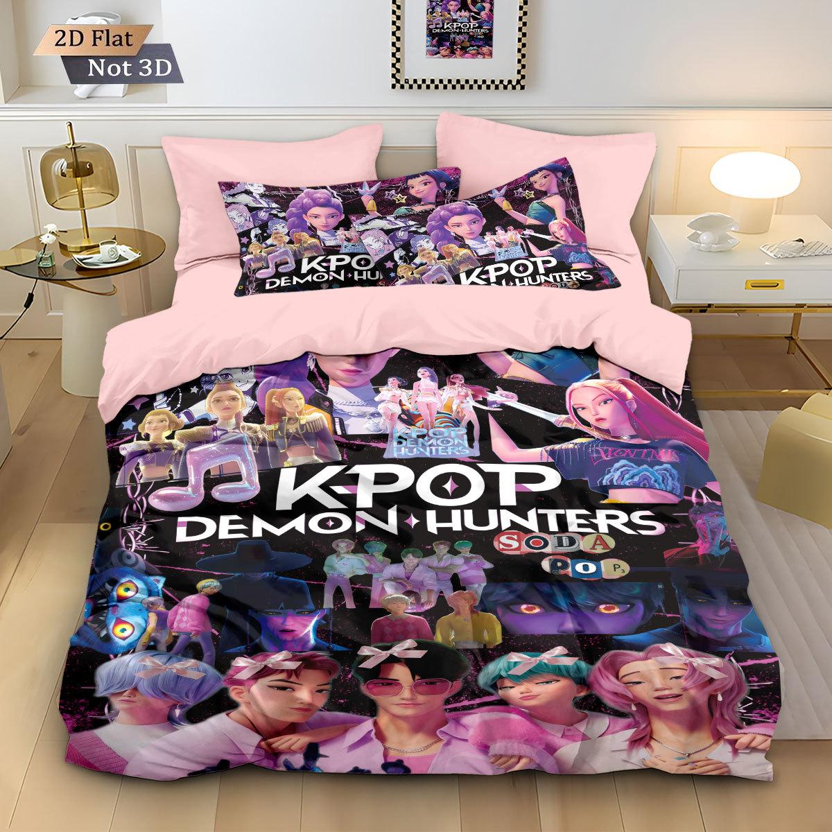 

3pcs Kpop Demon Hunters Bedding Set Single/Double/Queen Size Bedding Sets Quilt Cover Duvet Cover for Kids Adults k pop Huntrix EU Twin(135x200cm)