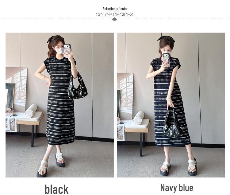 New Summer Ice Silk Maternity Dress with Short Sleeve Polo Collar and Slimming Color Block Stripes