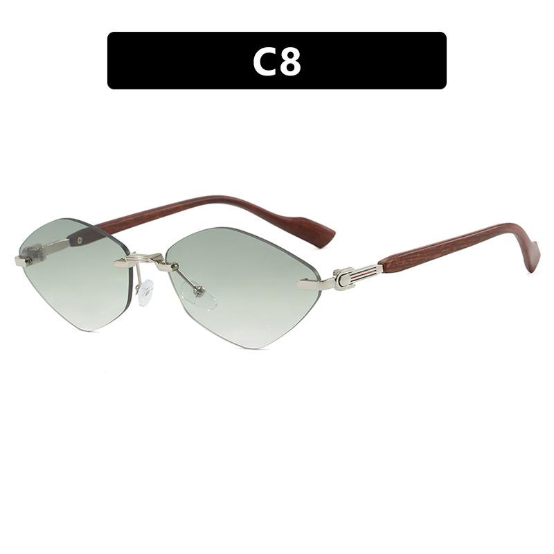 European and American rhombus frameless trimmed sunglasses metal sunglasses wood grain fashion sunscreen UV protection sunglasses women
